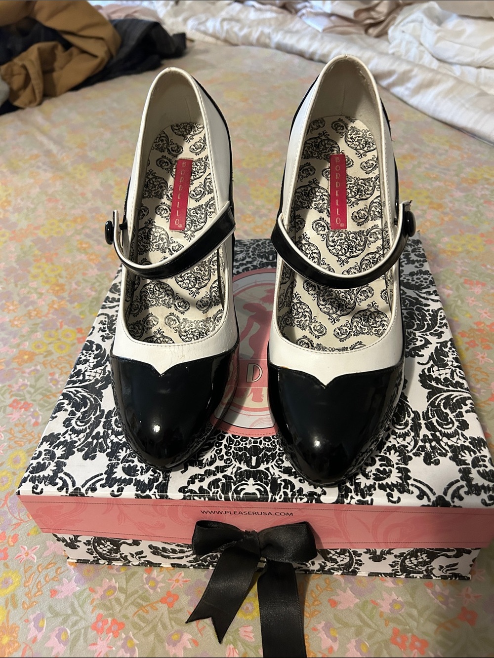 Bordello Black and White Patent Mary Jane Heels